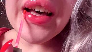 I worship bimbo girl with red lips and lipgloss in webcam domination session