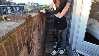 Damn, Petite Teen Whore Rides and Gets Fucked Doggystyle on Balcony in Dress!