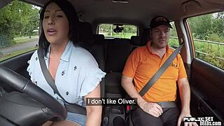 Hey, this public brit is riding her driving instructor outdoors in the car until facial cumshot.