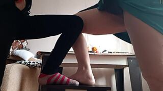 middle aged woman and student masturbate on chairs