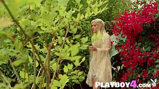 Petite blonde babe Eva Elfie stripped lingerie outdoors to pose with natural tits.