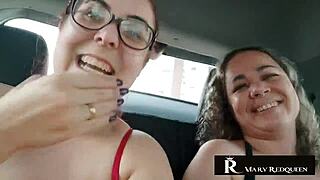 Natasha Sub Gets Wild in Car Chat Flashing Big Tits and Redhead Charm on Public Street