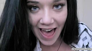 Brunette stepmom in maid outfit teases big cock with blowjob and titty fuck in bedroom.