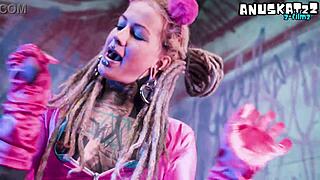 this tattooed goth punk girl does solo double penetration with toys, fingering her ass and pussy for orgasm