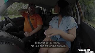 Hey, this public brit is riding her driving instructor outdoors in the car until facial cumshot.