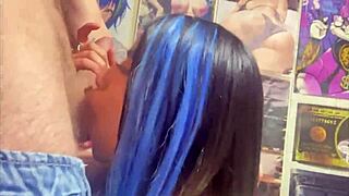 Chica universitaria colombiana gives ball licking blowjob handjob teasing on big cock with cumshot facial homemade