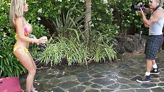 Blonde milf Kristal Summers spots gardener outdoors in backyard for blowjob and doggystyle