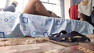 Feeling so excited about behind-the-scenes amateur porn video with my cute Latina friend in dorm bedroom as big natural tits girlfriend with pigtails.