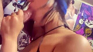 Chica universitaria colombiana gives ball licking blowjob handjob teasing on big cock with cumshot facial homemade