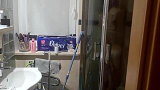 Huge cumshot covers her face after shower blowjob and cum in mouth