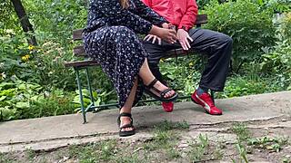 Hot MILF Jerks Off Huge Dick into Glass on Park Bench