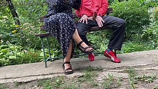 Hot MILF Jerks Off Huge Dick into Glass on Park Bench