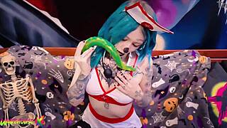 Coyemoo tests limits with 55cm dildo in her tight wet pussy and narrow ass