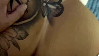 Tattooed latina babe licks and rides big cock to wet orgasm cum on ass