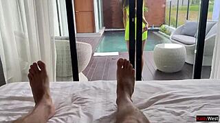 brunette slut does anal yoga by the pool, getting bent over for rough blowjob and cowgirl riding until cum in mouth