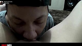 Casually licking and sucking the juicy pussy of the brunette in a dress without panties. She's athletic, tattooed, and submissive in this homemade couple session.