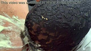 Black bitch rims and throatfucks with gagging choking deepthroat until puking green ice cream then slurps it up in rough homemade humiliation.