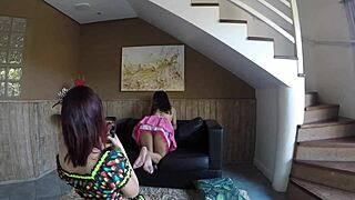 These redhead wives turn voyeur at the Julina party spotting the big cock and diving in with double blowjobs.