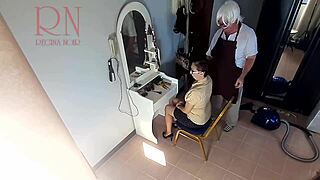 Look at this hidden camera catching the lady undressing in the nude barbershop.