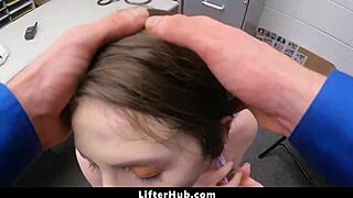 Guard brings teen 18+ to maintenance office for interrogation with domination and hardcore punishment in missionary.