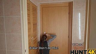 brunette gets caught watching and seduced into lucky pov fucking on the sofa