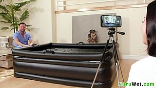 seth gamble and gal ritchie, this busty teen brunette gives a wet nuru massage to her horny client 😏 with tattoo and tits action