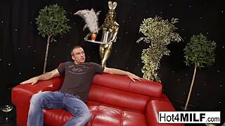 Blonde milf with big tits, you ready for hardcore fucking and facial cumshot in those white stockings?