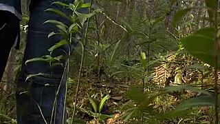 Ebony bbw teen with big ass and huge tits gets her fat pussy licked by monster cock in forest cunilingus.