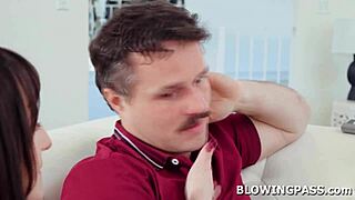 teen gives stepdad deepthroat blowjob with gagging and footjob before petite pov pussy sex