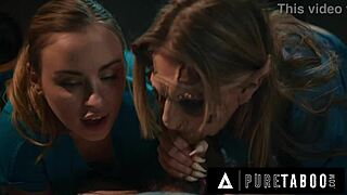 Creepy horror unfolds as lactating demon Ashley Lane breastfeeds nurse Anna Claire Clouds in taboo ffm threesome with deepthroat and creampie