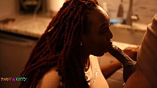 Ebony Pornstar Gets Face Fucked in Kitchen by Big Black Cock, Then Creampied in Bedroom Doggystyle