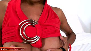 adorable tattooed ladyboy jerks her huge monster shecock in fishnets closeup with cumshot