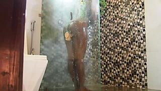 narrative ebony milf explores new toy in steamy shower until caught