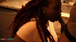 Ebony Pornstar Gets Face Fucked in Kitchen by Big Black Cock, Then Creampied in Bedroom Doggystyle