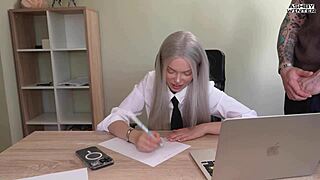 blonde teen slut gets rough doggystyle from tutor during lesson, her small tits bouncing wildly