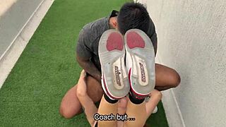 the muscular coach spots his cute brazilian student outdoors, licks her big ass, and fucks her hard during the workout session