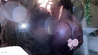 narrative ebony milf explores new toy in steamy shower until caught