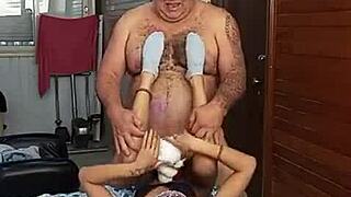 Novinha quer coroa with hairy armpit and belly in muscular bodybuilder lingerie for sexy display.