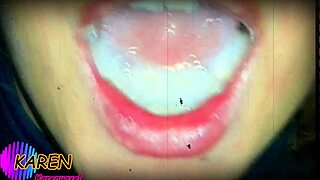 karen jugando con mas semen en la boca, like slow motion cum play with huge jizz on tongue