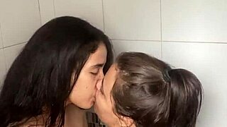 Stepsisters Alone Record Hot Lesbian Shower Video for Stepfather with Licking Action