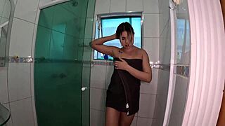 Gabily Castro arrives at the mansion for behind the scenes bathroom shower fun with Binho Ted in Brazilian style.