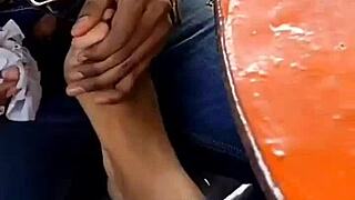 Horny teen licks goddess feet in femdom fantasy at outdoor party with small cock