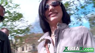 Ukrainian girl Lina Arian gets warmed up in a park and taken home by 3 guys for a gang bang