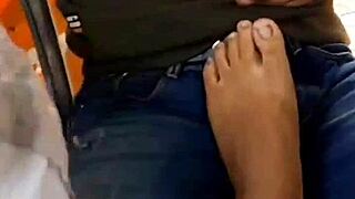 Horny teen licks goddess feet in femdom fantasy at outdoor party with small cock