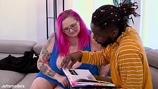 Sexy fat milf Sara Star gives blowjob to student with big black cock. She rides him cowgirl until facial cumshot in interracial encounter.