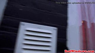 Amsterdam prostitute in lingerie and stockings gets cum on natural tits after blowjob