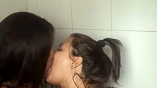 Stepsisters Alone Record Hot Lesbian Shower Video for Stepfather with Licking Action