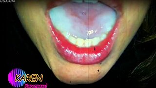 karen jugando con mas semen en la boca, like slow motion cum play with huge jizz on tongue