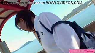 Naughty schoolgirl Chisa Miyamae enjoys outdoor time with her boyfriend in the woods.