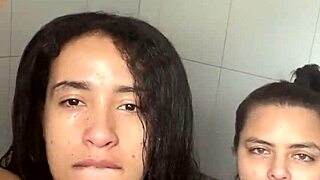 Stepsisters Alone Record Hot Lesbian Shower Video for Stepfather with Licking Action